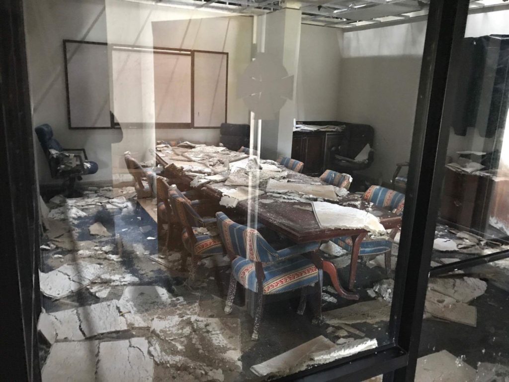 Cane Bay Partners conference room in their downtown Christiansted office shows the damage caused when the galvanized roof came off when Hurricane Maria tore through St. Croix.